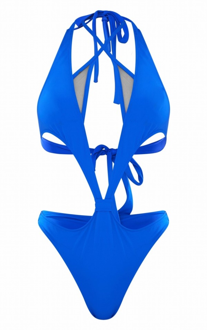 Costume De Baie Pretty Little Thing Cobalt Mesh Underlay Halterneck Albastri Inchis | SMAP92417