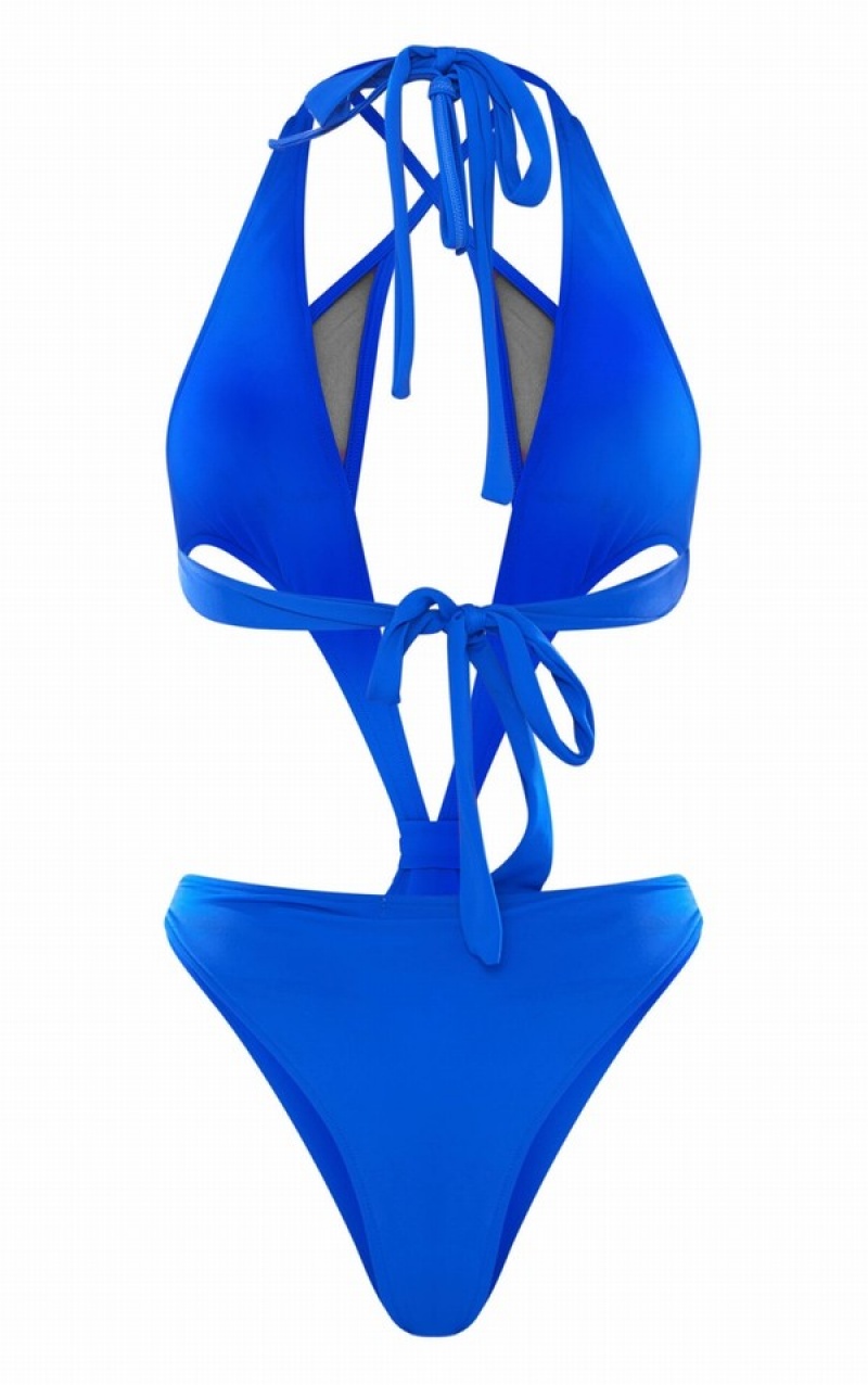 Costume De Baie Pretty Little Thing Cobalt Mesh Underlay Halterneck Albastri Inchis | SMAP92417