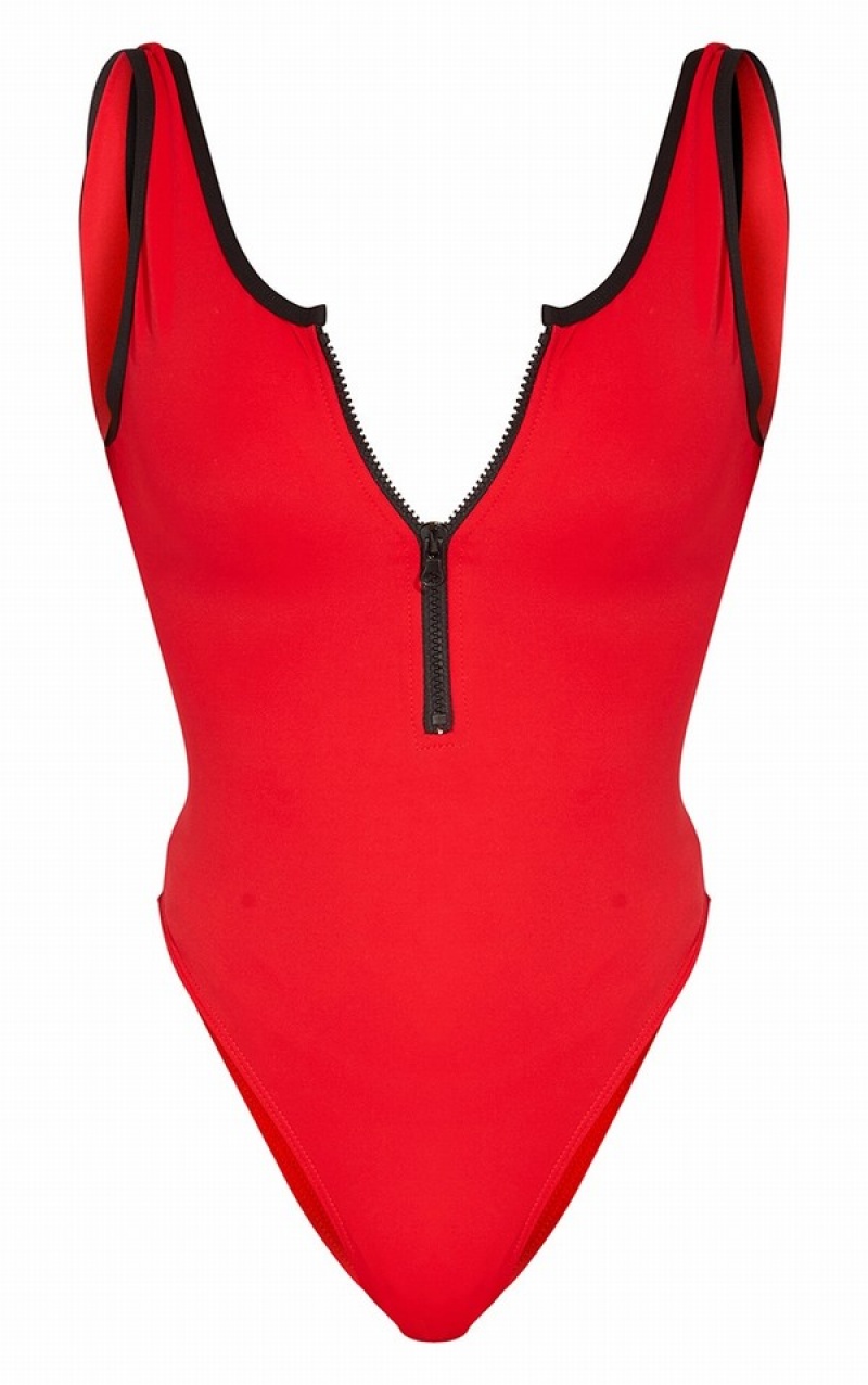 Costume De Baie Pretty Little Thing Contrast Zip Front Scuba Rosii | TFBQ73568