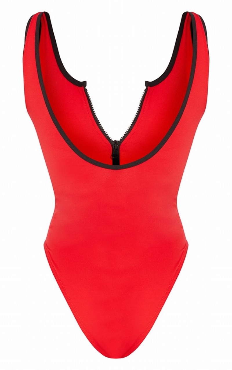 Costume De Baie Pretty Little Thing Contrast Zip Front Scuba Rosii | TFBQ73568