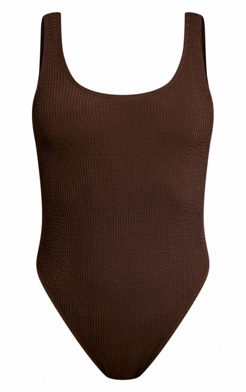 Costume De Baie Pretty Little Thing Crinkle Low Scoop Back Ciocolata | IUTK06138