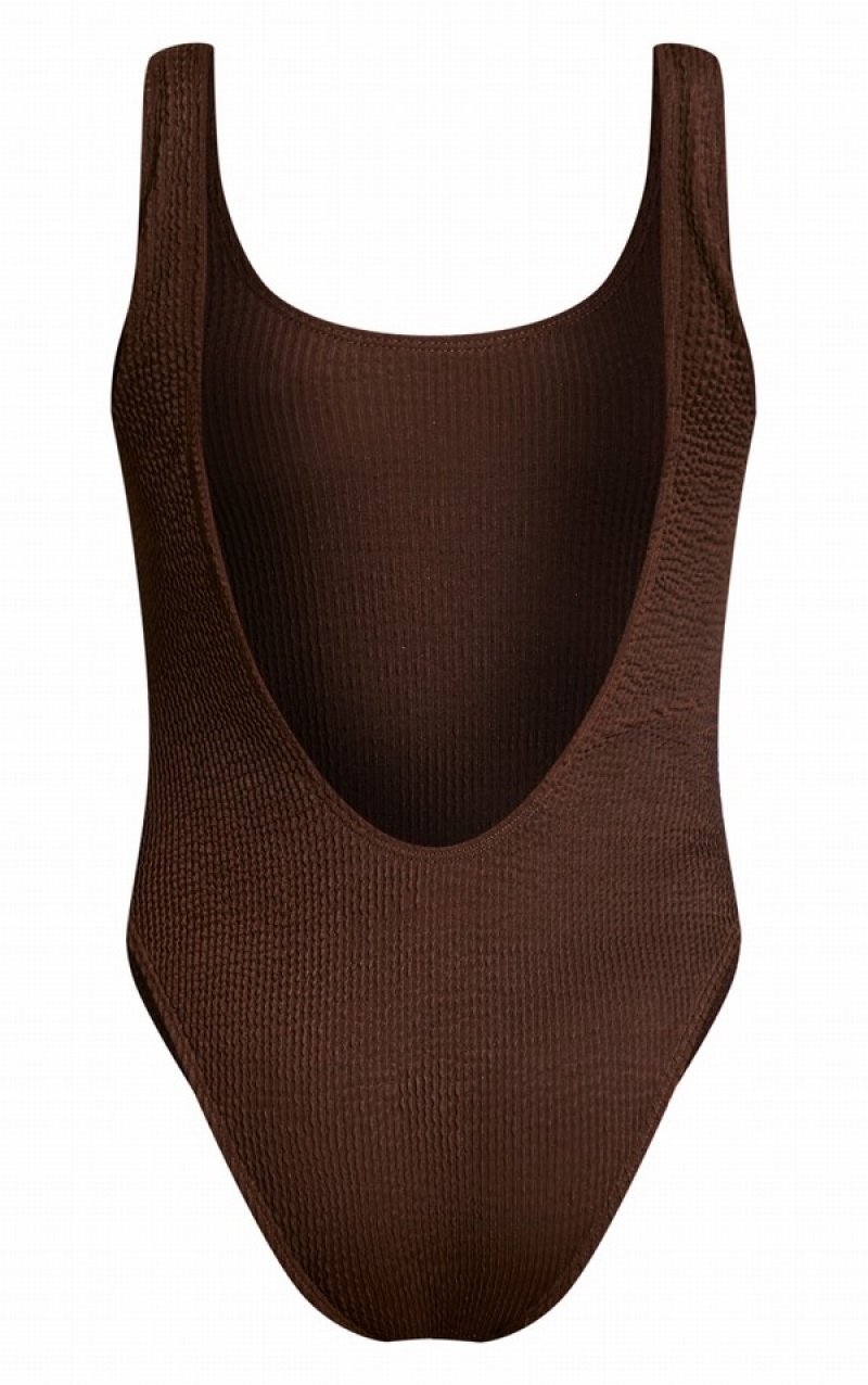 Costume De Baie Pretty Little Thing Crinkle Low Scoop Back Ciocolata | IUTK06138
