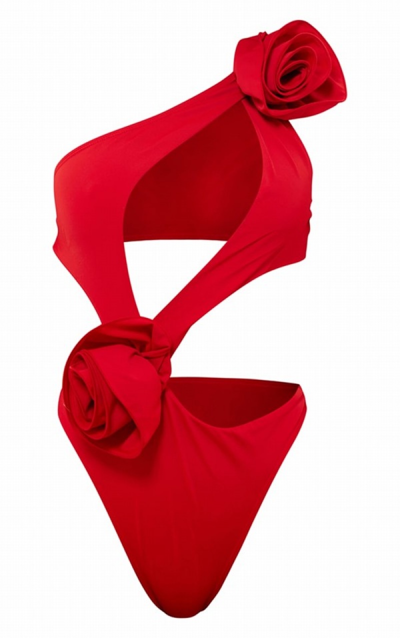 Costume De Baie Pretty Little Thing Flower Detail Cut Out Asymetric Rosii | ZOEK05492