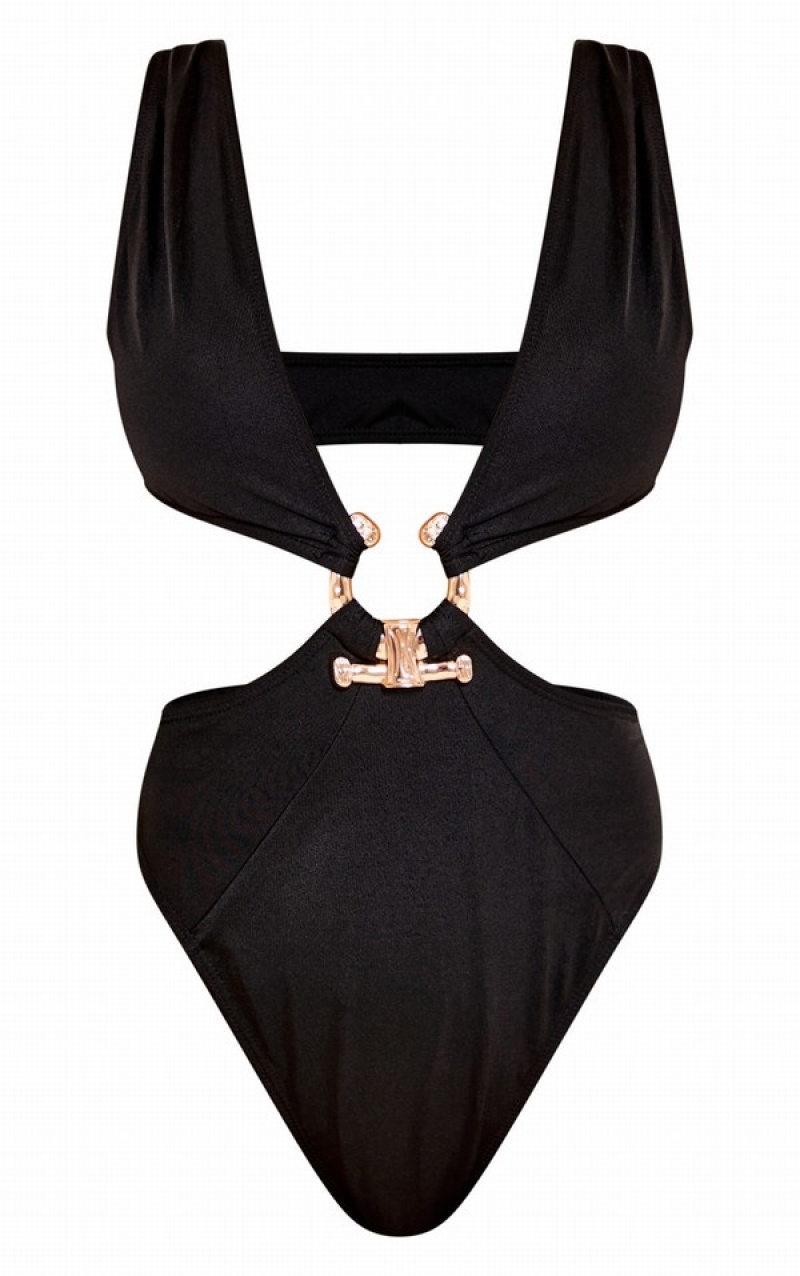 Costume De Baie Pretty Little Thing HammeTrim Deep Plunge Cut Out Negrii | YJKV91325