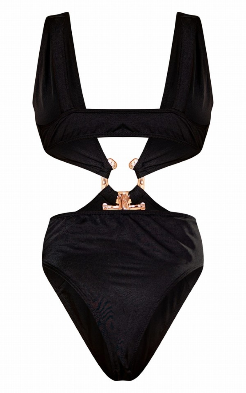 Costume De Baie Pretty Little Thing HammeTrim Deep Plunge Cut Out Negrii | YJKV91325