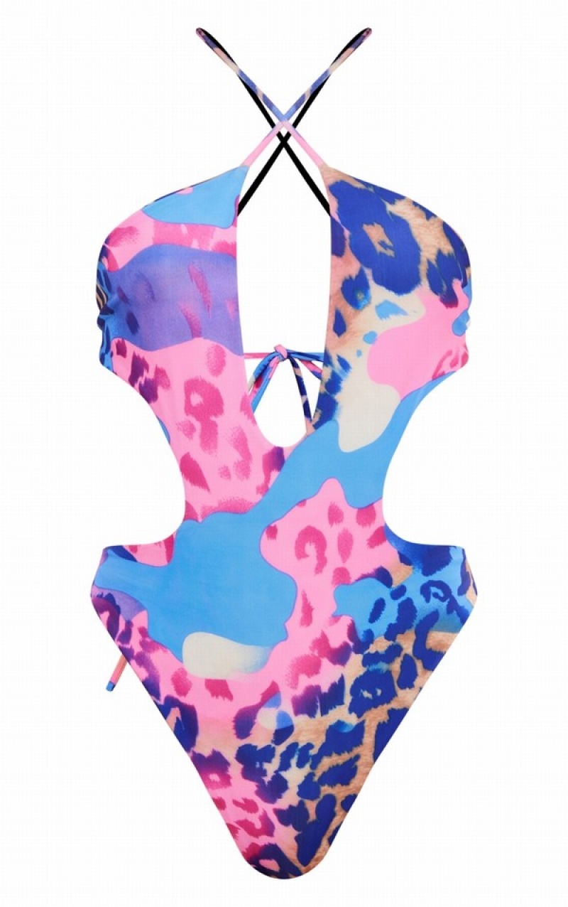 Costume De Baie Pretty Little Thing Leopard Print Cut Out Cross Front Albastri | KIBM91523