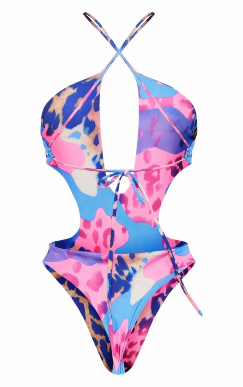 Costume De Baie Pretty Little Thing Leopard Print Cut Out Cross Front Albastri | KIBM91523