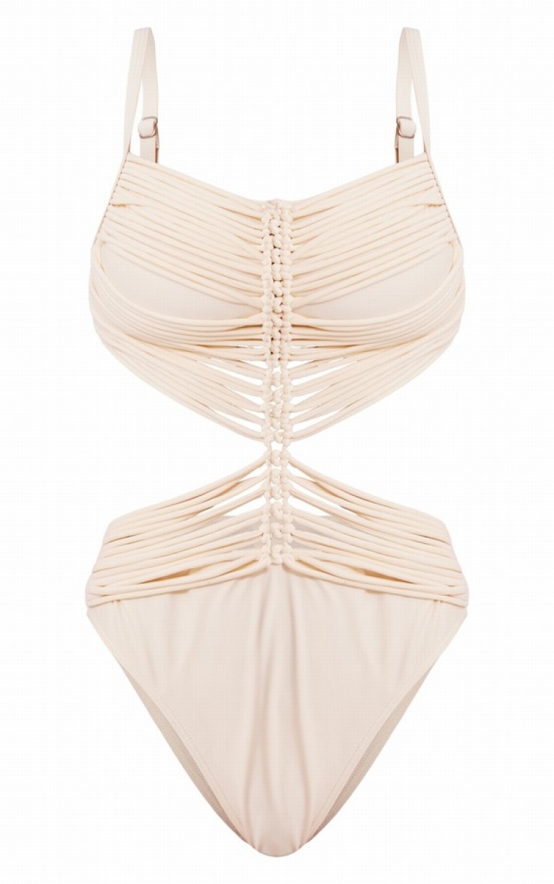 Costume De Baie Pretty Little Thing Macrame Ruched Front Cut Out Albi | CEHA70658