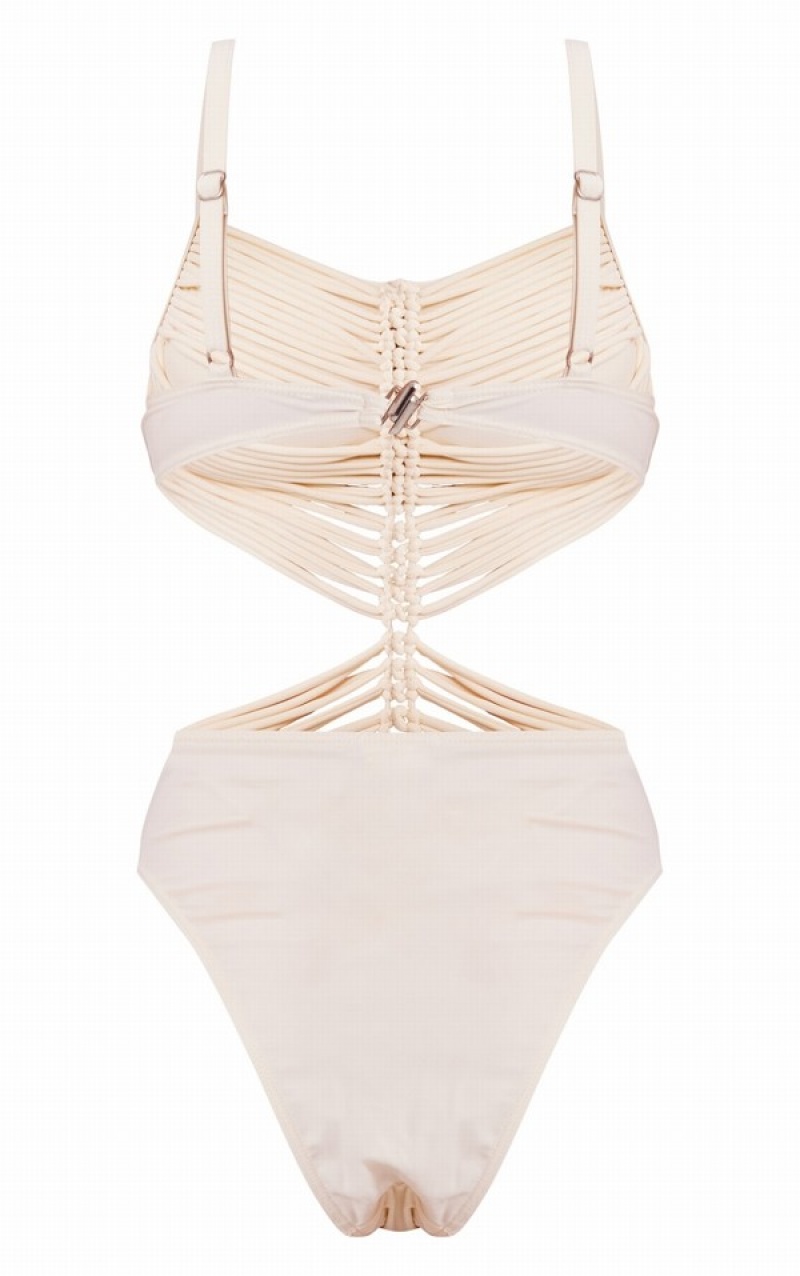 Costume De Baie Pretty Little Thing Macrame Ruched Front Cut Out Albi | CEHA70658