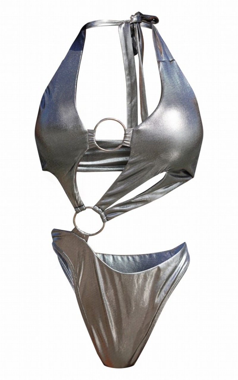 Costume De Baie Pretty Little Thing Metallic O Cut Out Argintii | WLDB39870