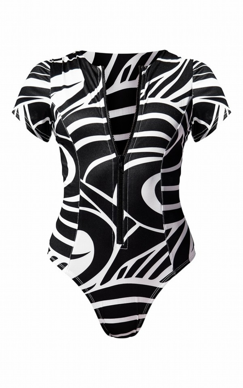 Costume De Baie Pretty Little Thing Monochrome Zip Up Albi Negrii | DAMU97340