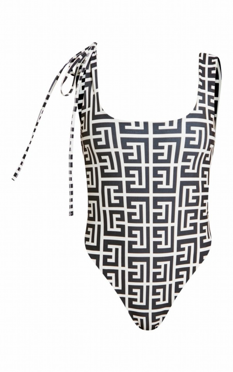 Costume De Baie Pretty Little Thing Monochrome Monogram Tie Talie Scoop Neck Albi Negrii | GRWY16498