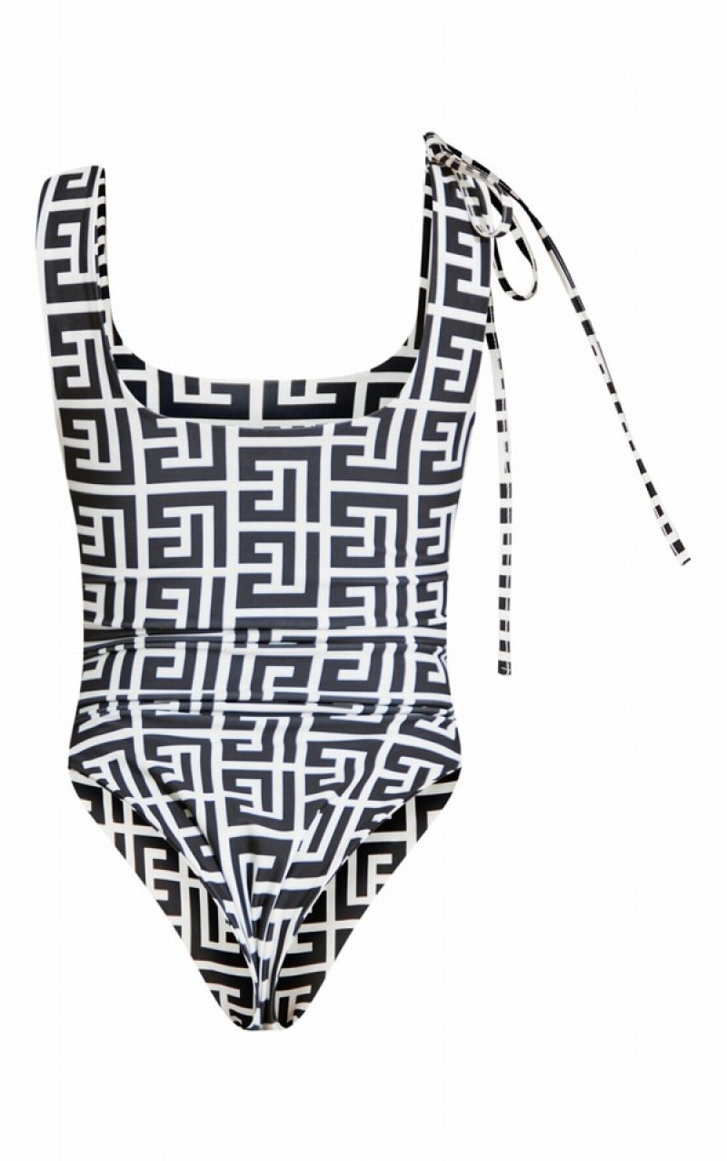 Costume De Baie Pretty Little Thing Monochrome Monogram Tie Talie Scoop Neck Albi Negrii | GRWY16498