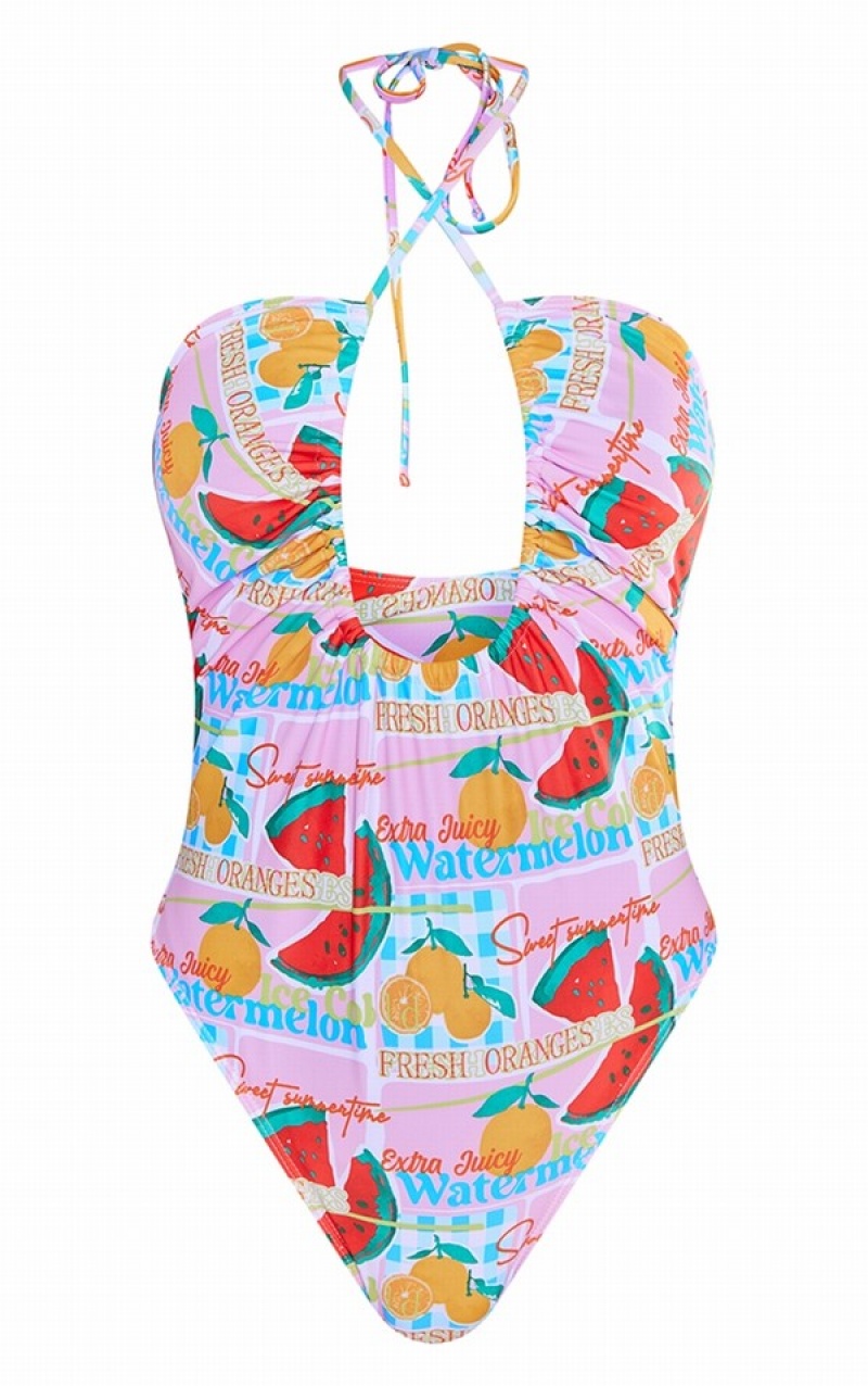 Costume De Baie Pretty Little Thing Multi Contrast Fruit Print Scoop Neck Ruched Colorati | IBME74910