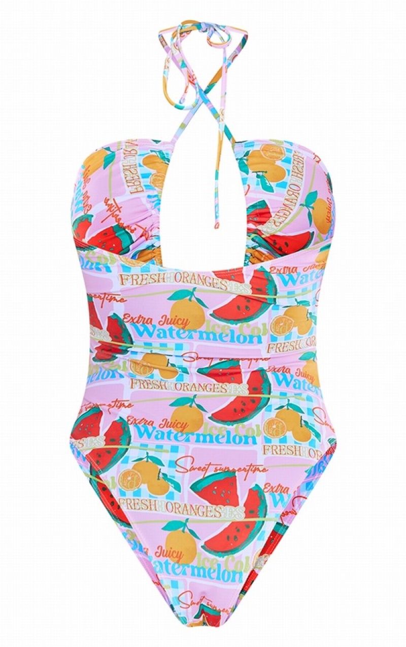 Costume De Baie Pretty Little Thing Multi Contrast Fruit Print Scoop Neck Ruched Colorati | IBME74910
