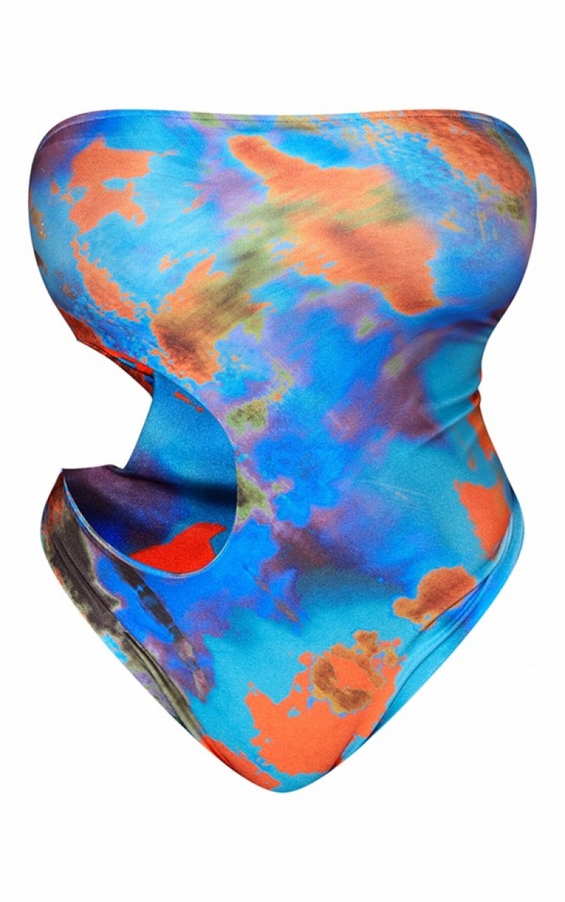 Costume De Baie Pretty Little Thing Plus Tie Dye Printed Cut Out Bandeau Albastri | WBLK18297