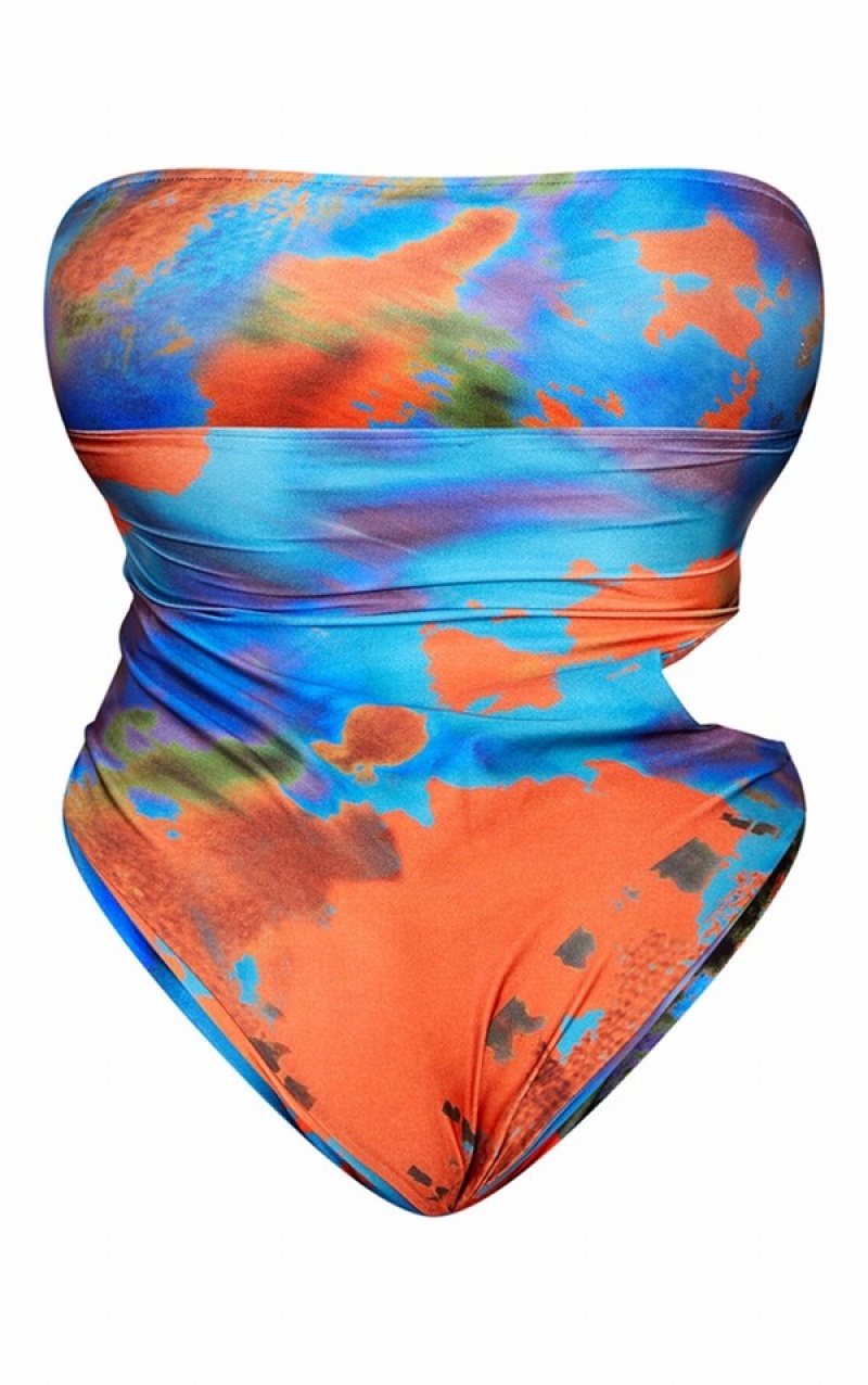 Costume De Baie Pretty Little Thing Plus Tie Dye Printed Cut Out Bandeau Albastri | WBLK18297