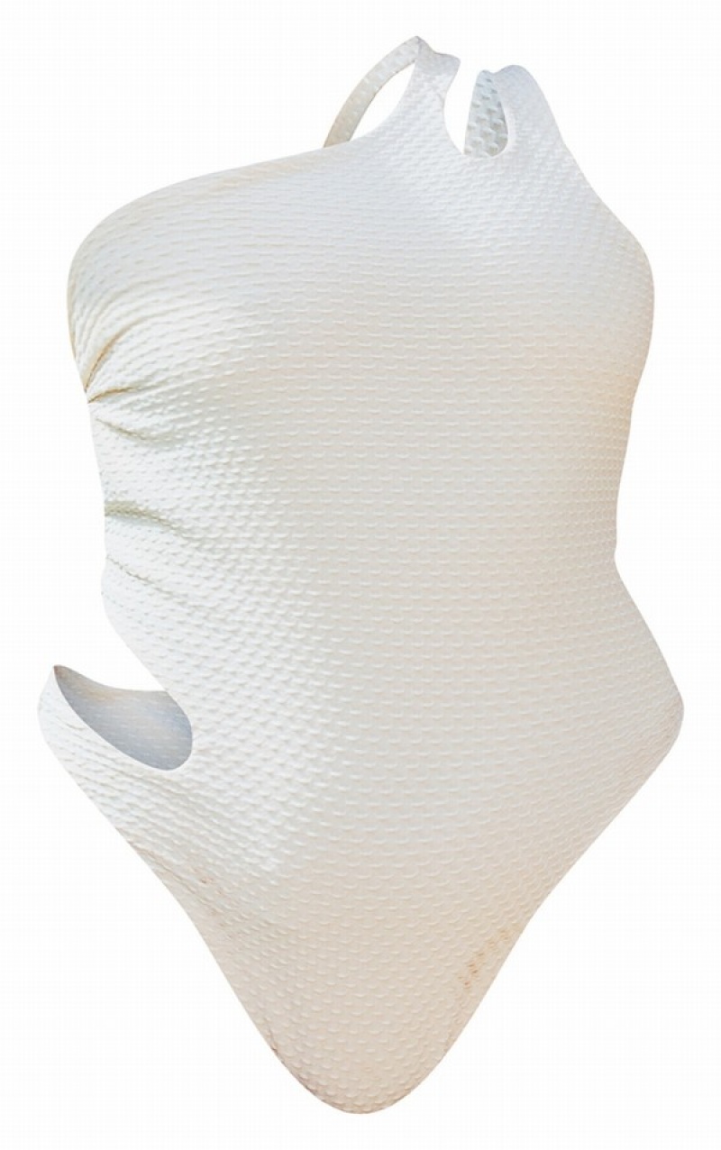Costume De Baie Pretty Little Thing Plus Nude One Shoulder Waffle Cut Out Bej | KXCS34817