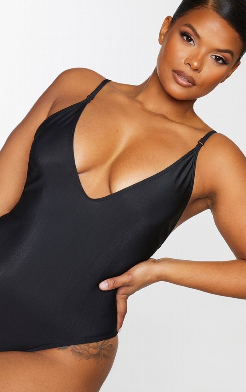 Costume De Baie Pretty Little Thing Plus Basic Low Scoop Negrii | HAQF35206