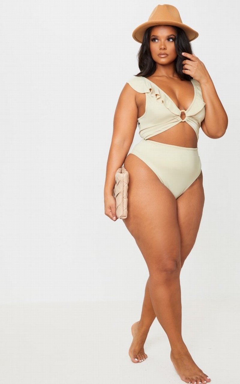 Costume De Baie Pretty Little Thing Plus Stone Frill Edge Detail Cutout Gri | VJYI89432