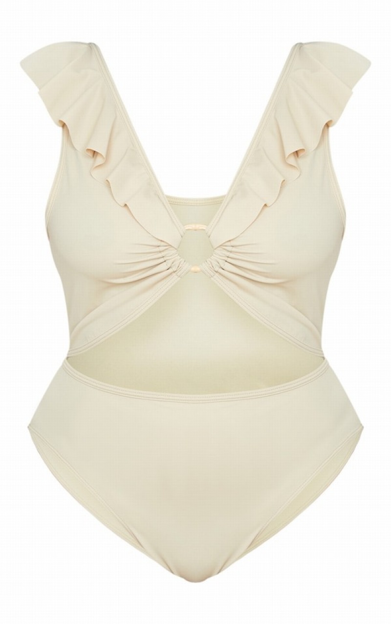 Costume De Baie Pretty Little Thing Plus Stone Frill Edge Detail Cutout Gri | VJYI89432