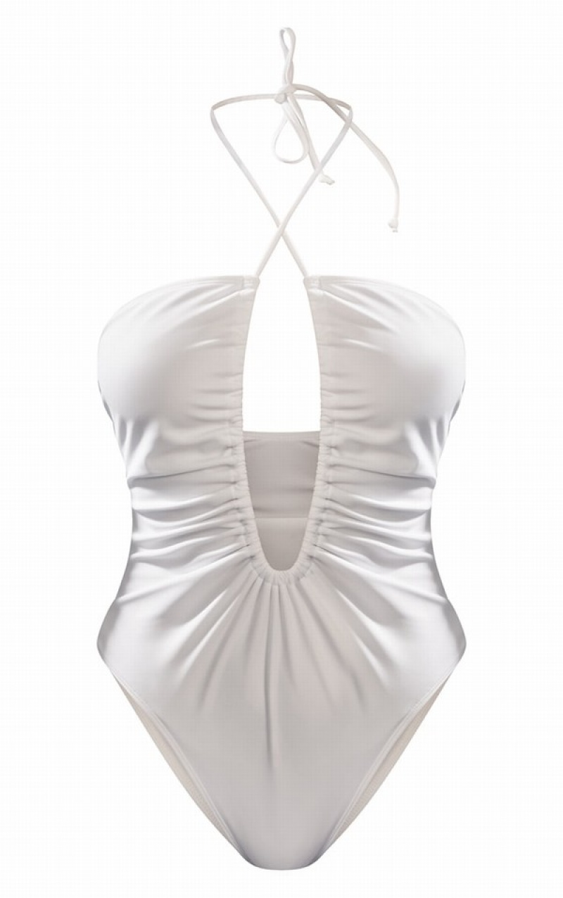 Costume De Baie Pretty Little Thing Scoop Neck Ruched Albi | XNMJ19602