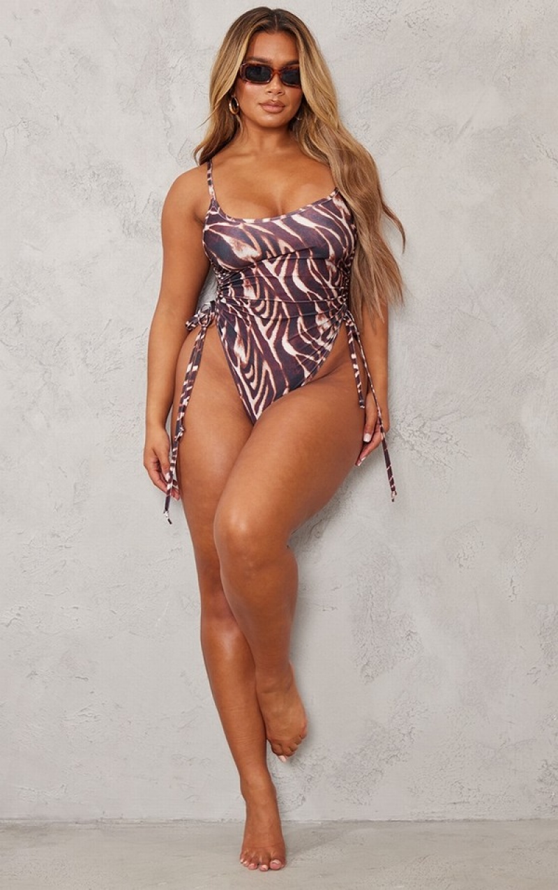Costume De Baie Pretty Little Thing Shape Zebra Print Ruched Side High Rise Maro | ACPL58140