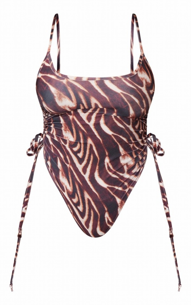 Costume De Baie Pretty Little Thing Shape Zebra Print Ruched Side High Rise Maro | ACPL58140