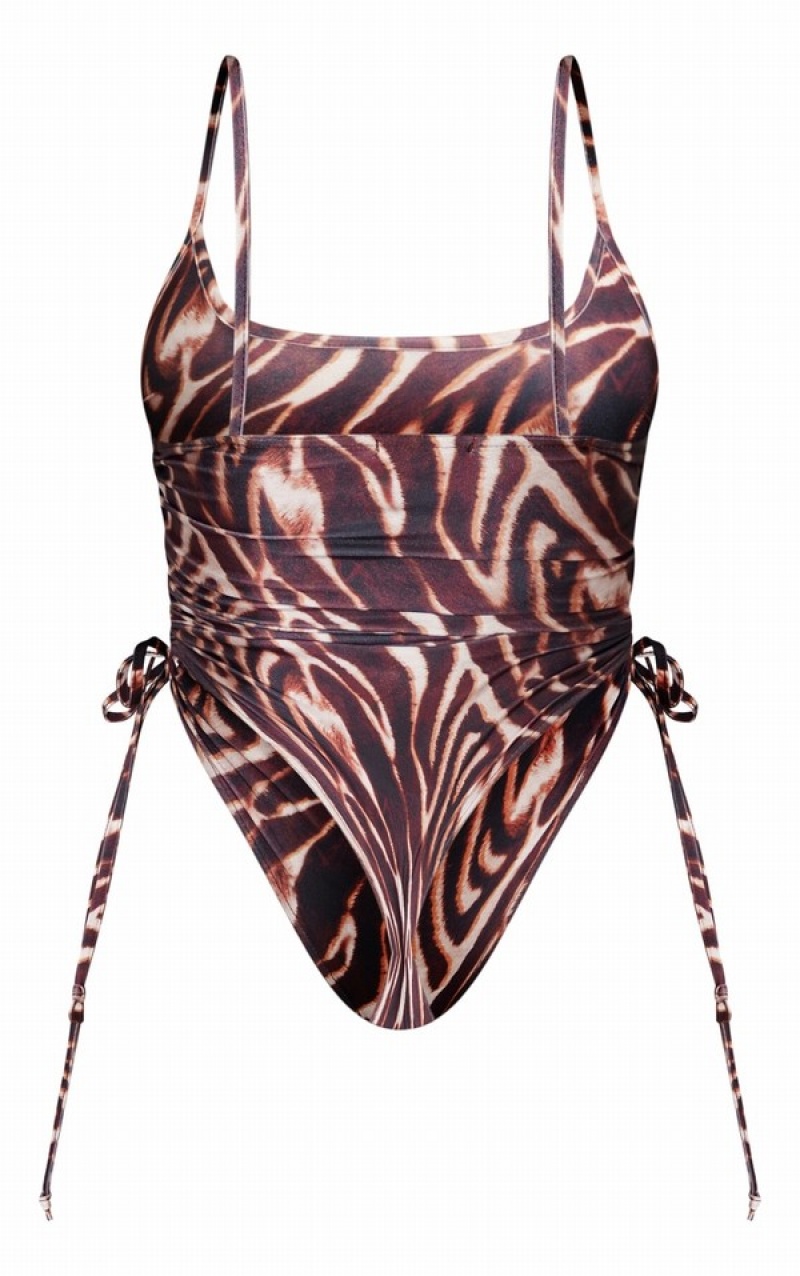 Costume De Baie Pretty Little Thing Shape Zebra Print Ruched Side High Rise Maro | ACPL58140