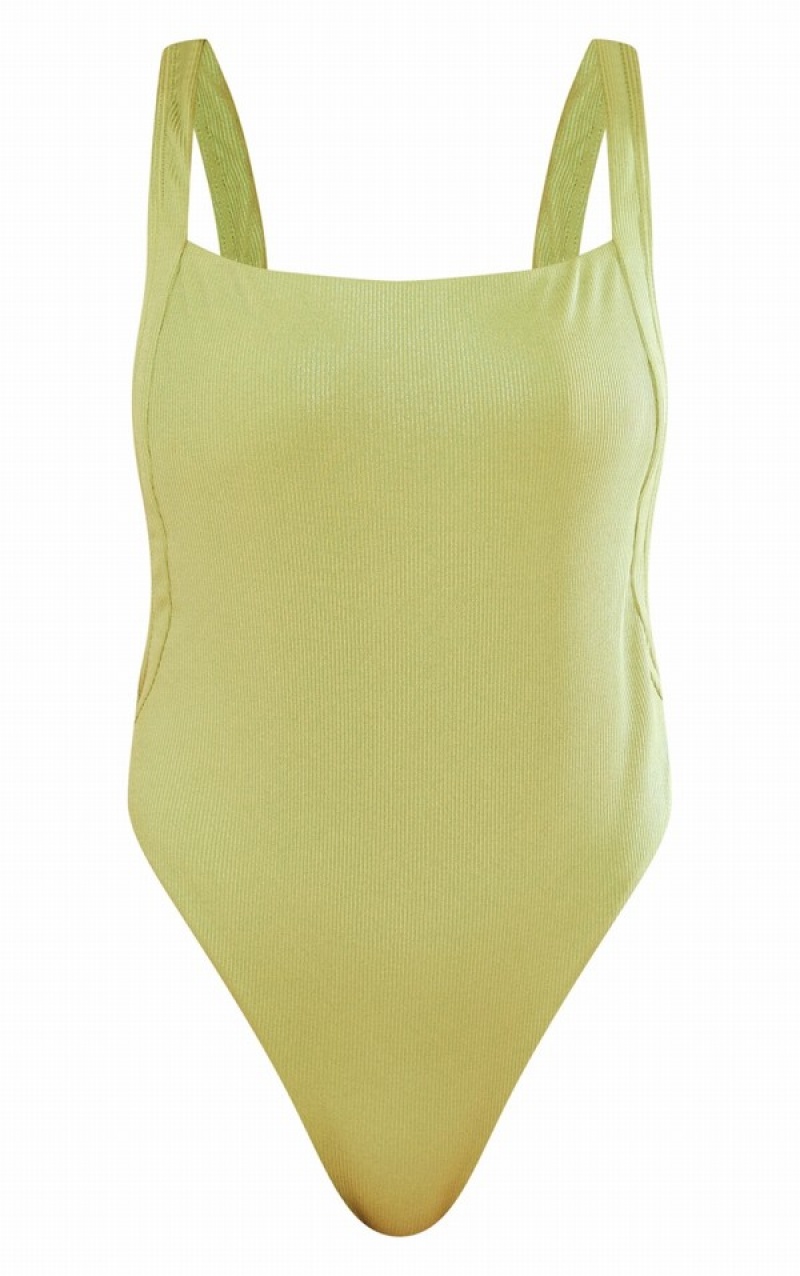 Costume De Baie Pretty Little Thing Shimmer Cu Nervuri Căptușită Low Back Verzi | SPRU25907