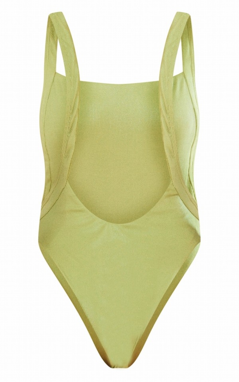 Costume De Baie Pretty Little Thing Shimmer Cu Nervuri Căptușită Low Back Verzi | SPRU25907