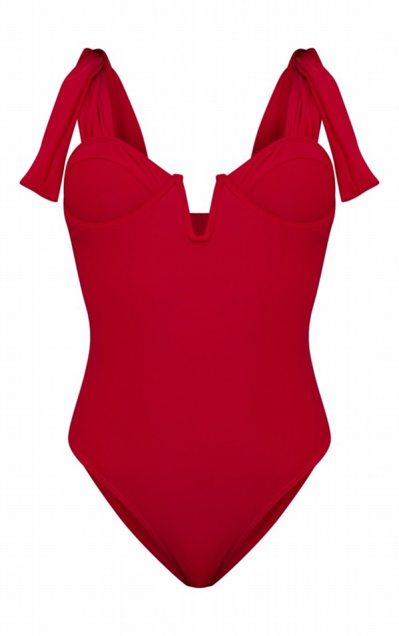 Costume De Baie Pretty Little Thing Tie Straps Cupped High Rise Rosii Inchis | FEOH40289