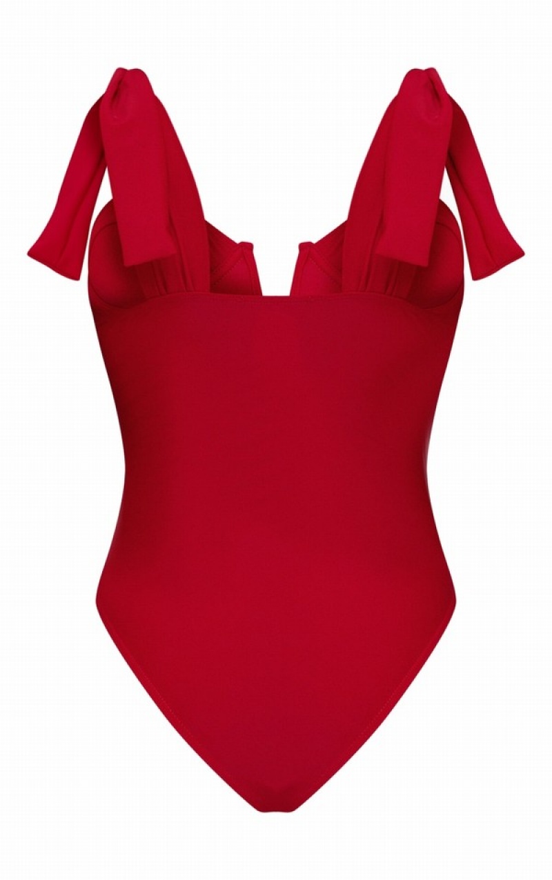 Costume De Baie Pretty Little Thing Tie Straps Cupped High Rise Rosii Inchis | FEOH40289