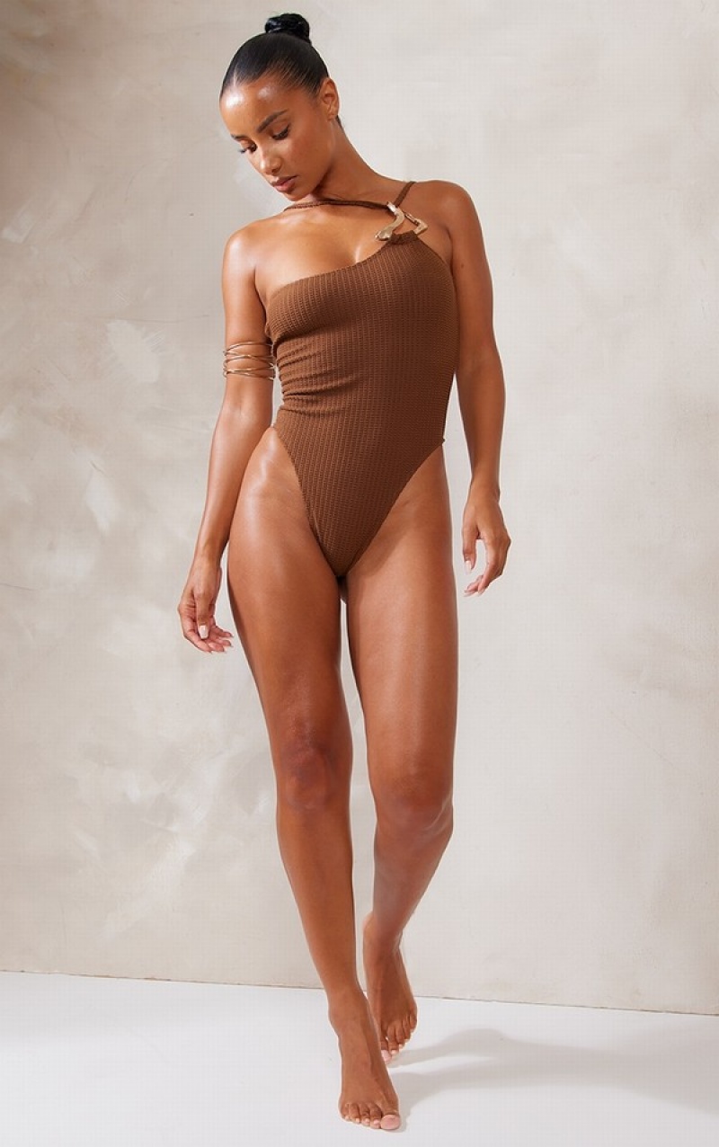 Costume De Baie Pretty Little Thing Trim Asymmetric Waffle Maro | BPVJ75312