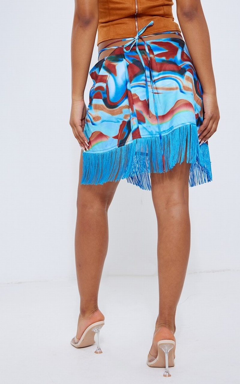 Fuste Pretty Little Thing Abstract Printed Tassel Hem Wrap Albastri | OHCT15846