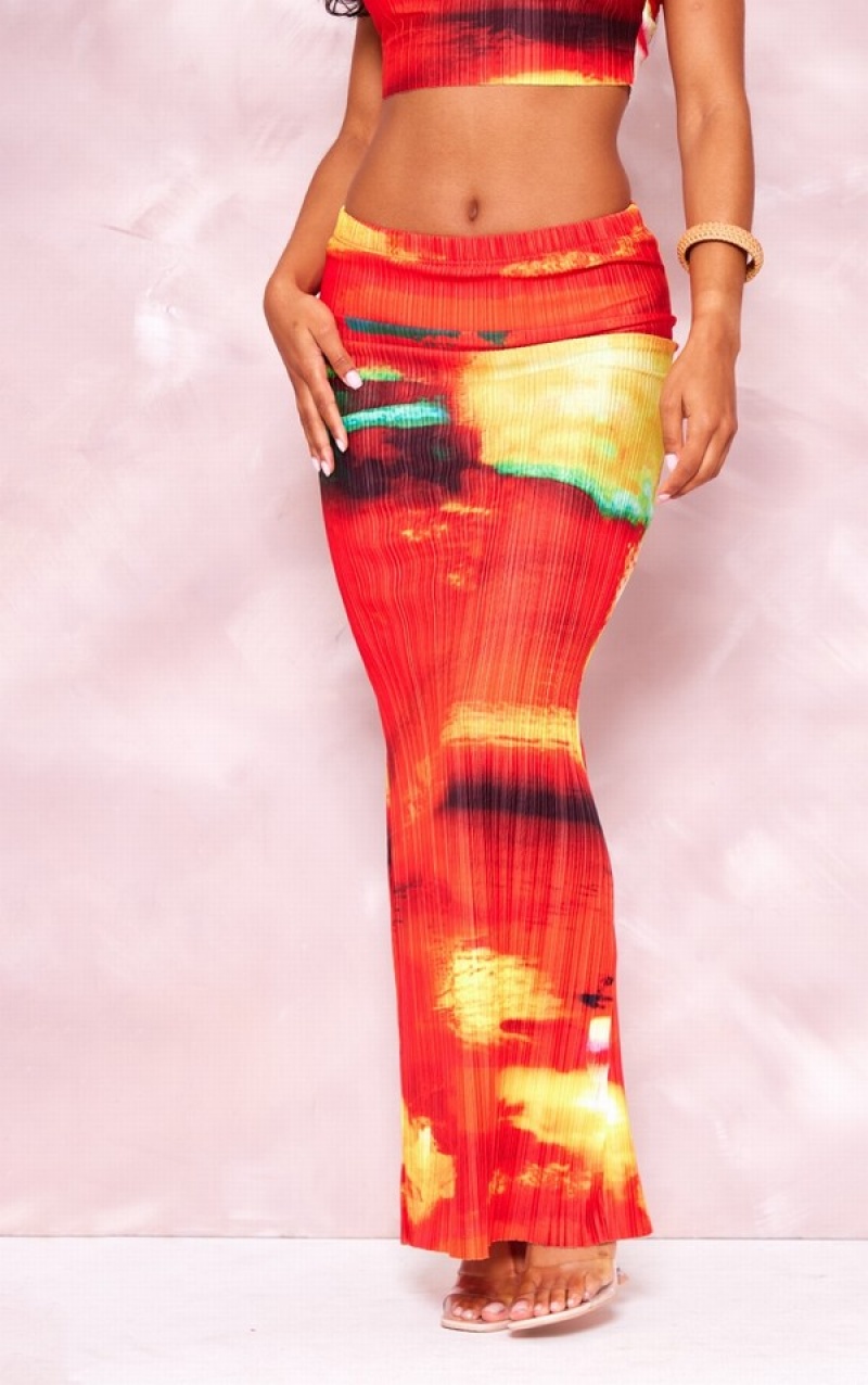 Fuste Pretty Little Thing Abstract Print Plisse Maxi Rosii | DBAN72138