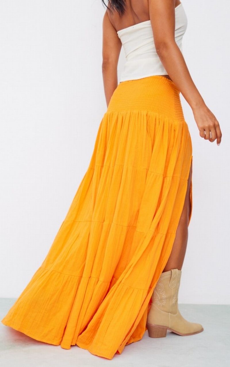Fuste Pretty Little Thing Bright Cheesecloth ShirWaist TierMaxi Portocalii Deschis | ZEIW06315
