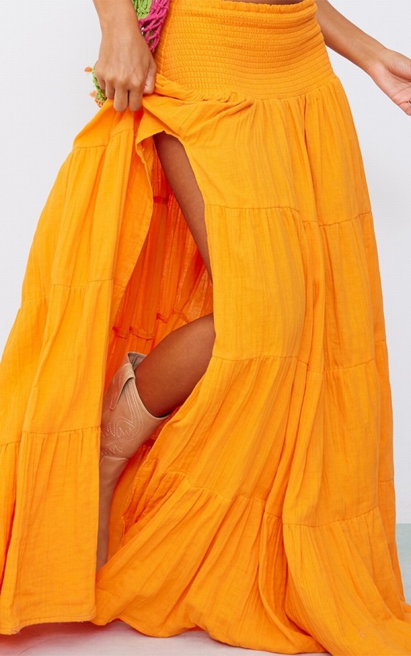 Fuste Pretty Little Thing Bright Cheesecloth ShirWaist TierMaxi Portocalii Deschis | ZEIW06315