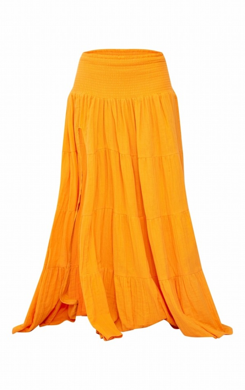 Fuste Pretty Little Thing Bright Cheesecloth ShirWaist TierMaxi Portocalii Deschis | ZEIW06315