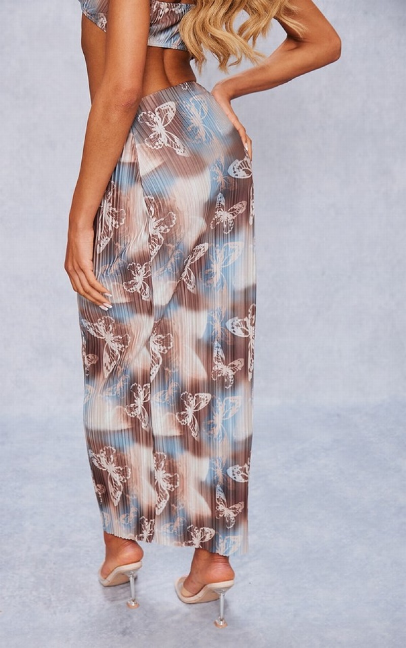 Fuste Pretty Little Thing Butterfly Print Plisse Low Rise Midaxi Maro | ZPJS37642