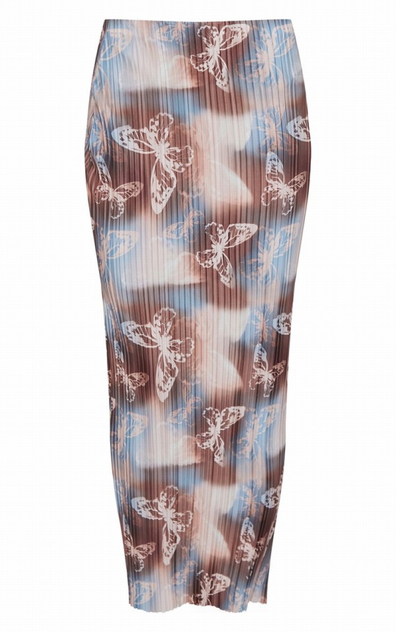 Fuste Pretty Little Thing Butterfly Print Plisse Low Rise Midaxi Maro | ZPJS37642