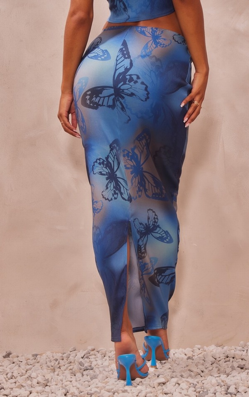 Fuste Pretty Little Thing Butterfly Print Stretch Woven Low Rise Midaxi Albastri | QUXF63254