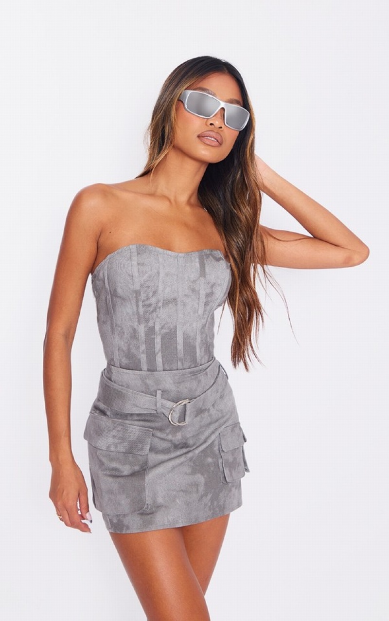 Fuste Pretty Little Thing Charcoal Washed Twill Cargo Micro Gri | DVOT25760