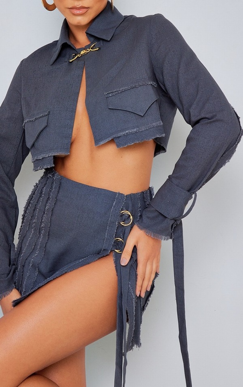Fuste Pretty Little Thing Charcoal Woven Raw Hem Cu Catarama Trim Micro Gri | VYCT01736
