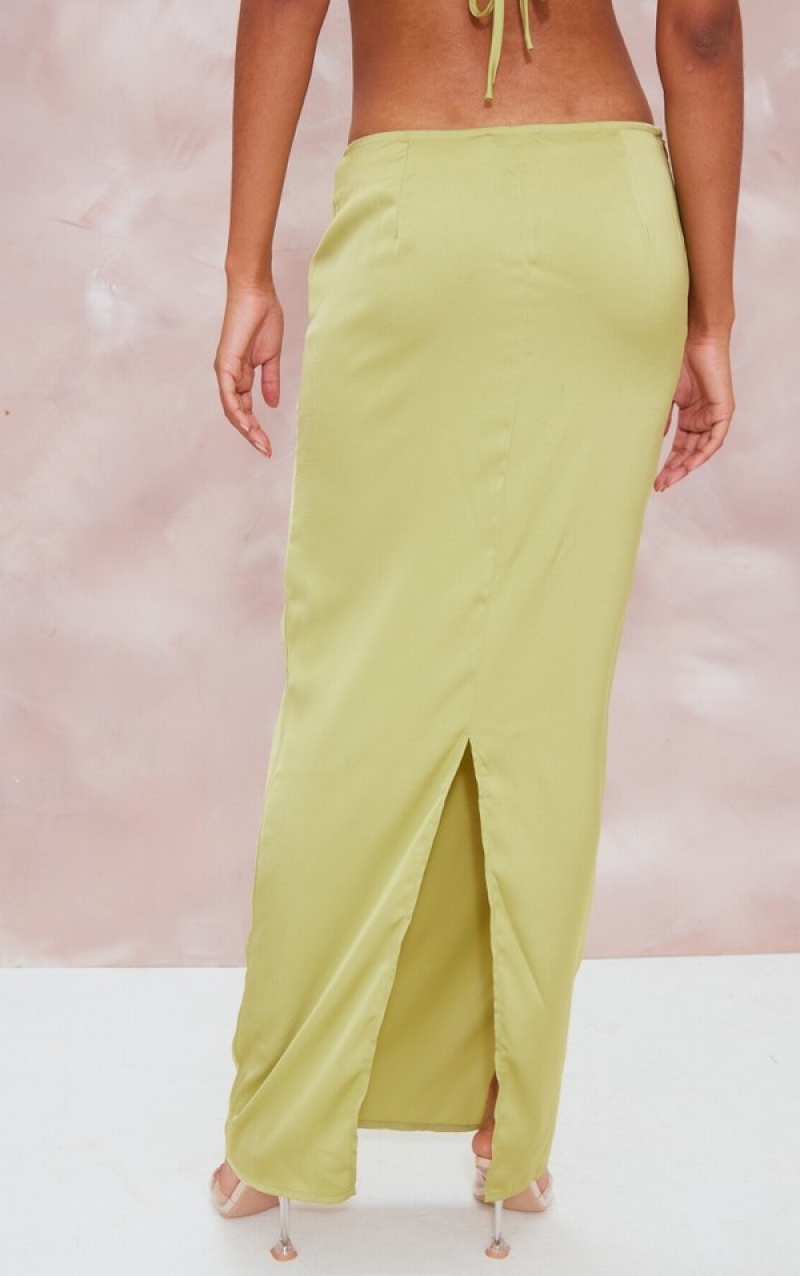 Fuste Pretty Little Thing Chartreuse Satin Mid-High Rise Maxi Masline Verzi | TQEY84231