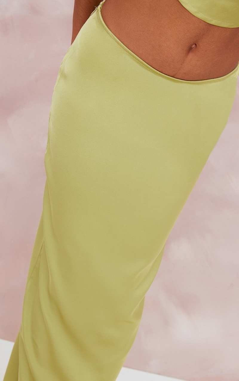 Fuste Pretty Little Thing Chartreuse Satin Mid-High Rise Maxi Masline Verzi | TQEY84231