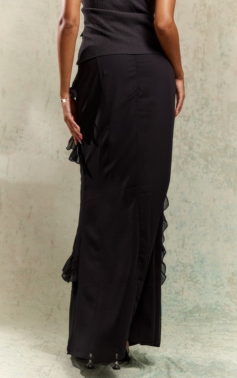Fuste Pretty Little Thing Chiffon Ruffle Detail Maxi Negrii | MOJD72869
