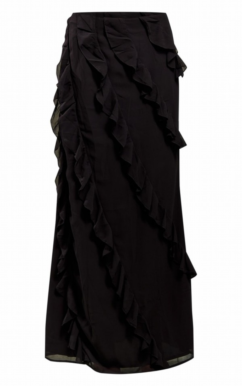 Fuste Pretty Little Thing Chiffon Ruffle Detail Maxi Negrii | MOJD72869