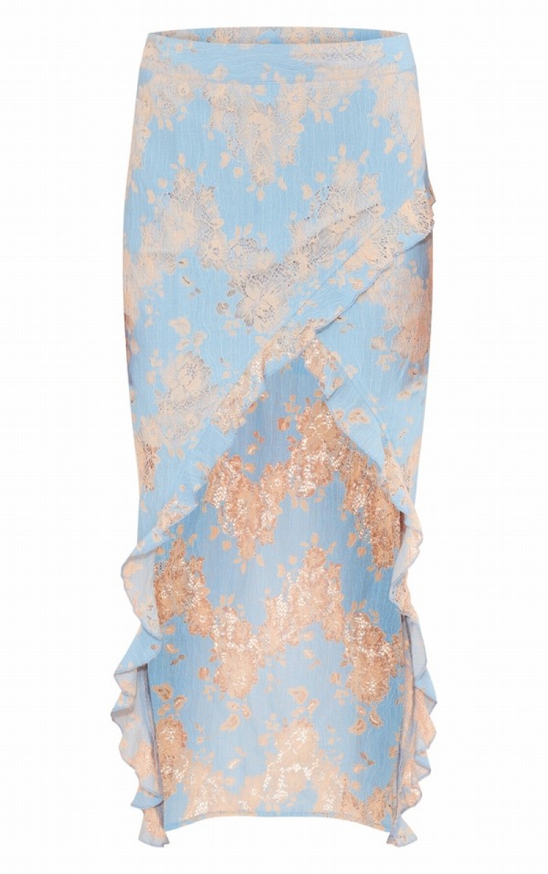 Fuste Pretty Little Thing Contrast Dantela Asymmetric Hem Split Front Midaxi Albastri | WINS01946