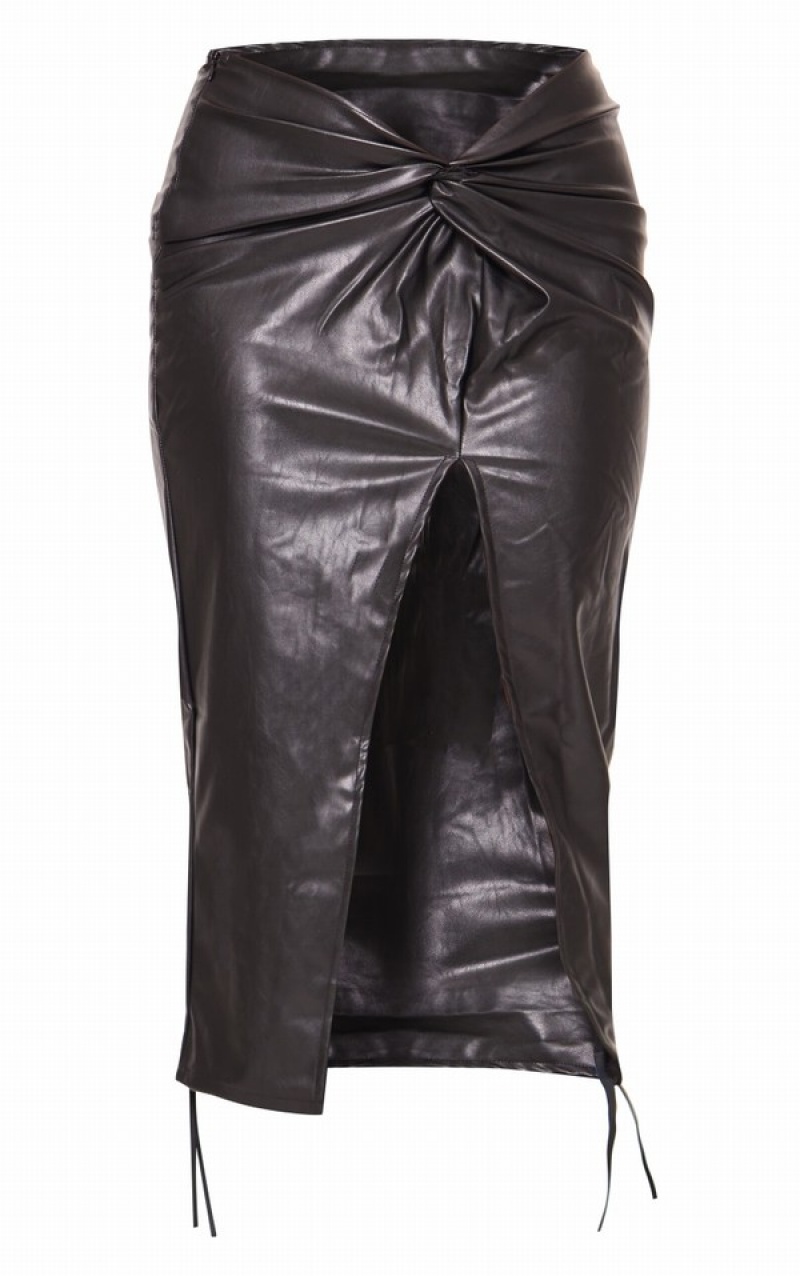 Fuste Pretty Little Thing Faux Piele Twist Detail Front Negrii | VPYI70594